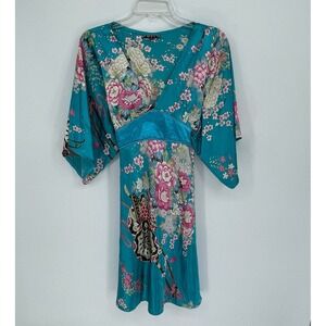 Mas Women's Teal Floral Kimono Style V-Neck Mini Dress Size 34 Small